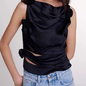 Maje Black Satin Blouse with Floral Accents